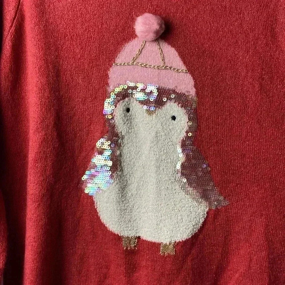 LAUREN CONRAD WO SIZE XL PETITE  SOFT ROSE RED METALLIC THREAD SWEATER PENGUIN - Picture 3 of 12